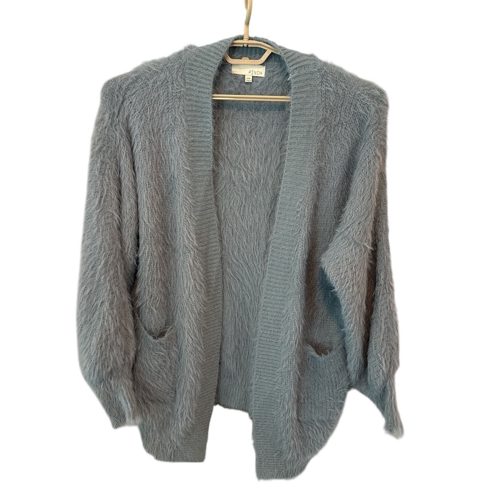 PINCH Fuzzy Knit‎ Open Front Cardigan Sweater Light Gray S/M Oversized Chunky